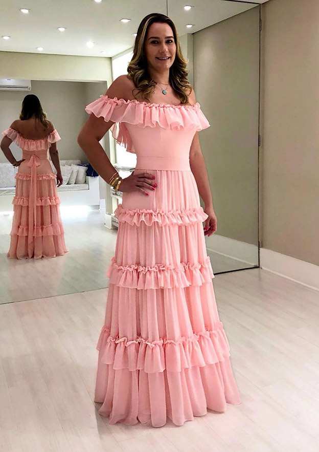 A-Line Off-the-Shoulder Chiffon Long Prom Dress/Evening Dress With Ruffles