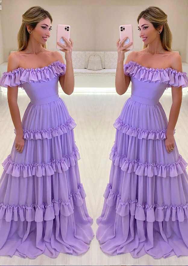 A-Line Off-the-Shoulder Chiffon Long Prom Dress/Evening Dress With Ruffles