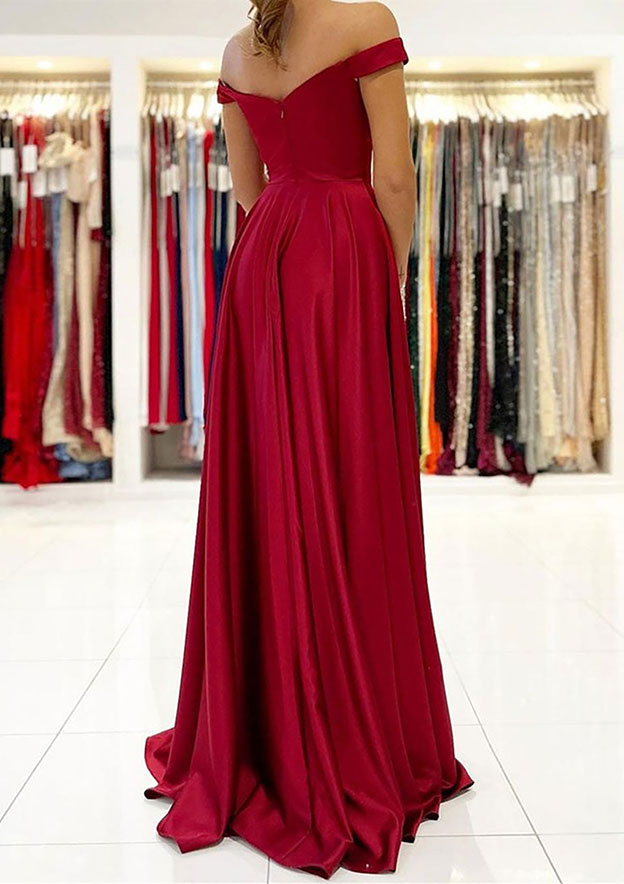 A-Line Off-the-Shoulder Long Satin Prom Dress/Evening Dress with Split