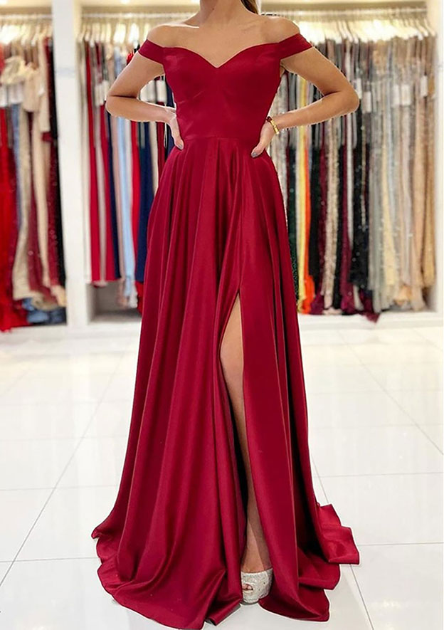 A-Line Off-the-Shoulder Long Satin Prom Dress/Evening Dress with Split