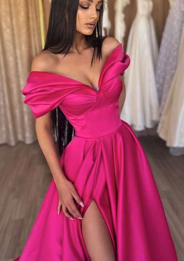 A-Line Off-the-Shoulder Long/Floor-Length Satin Prom Dress/Evening Dress with Ruffles Split