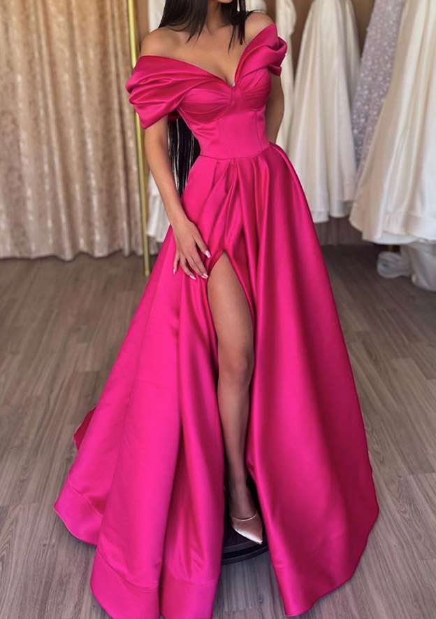 A-Line Off-the-Shoulder Long/Floor-Length Satin Prom Dress/Evening Dress with Ruffles Split