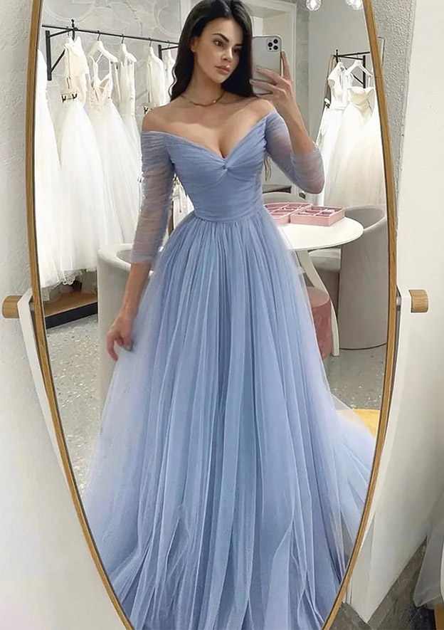 A-Line Off-the-Shoulder Prom Dress/Evening Dress with Pleated Tulle Full/Long Sleeve Sweep Train