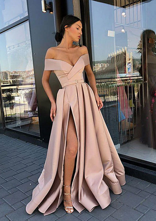 A-Line Off-the-Shoulder Satin Prom Dress/Evening Dress With Bandage for a Long/Floor-Length Look