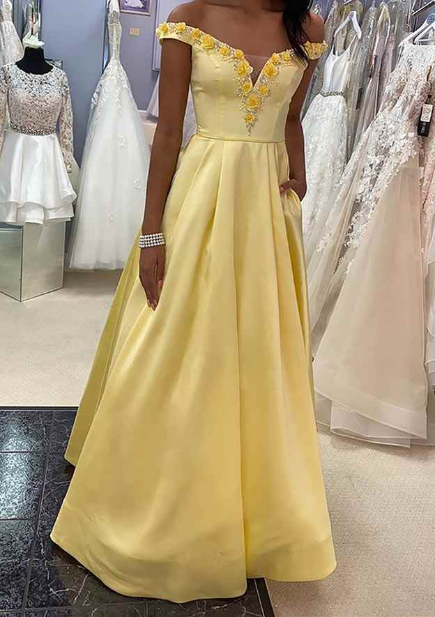 A-Line Off-the-Shoulder Satin Prom Dress/Evening Dress with Beading Flowers