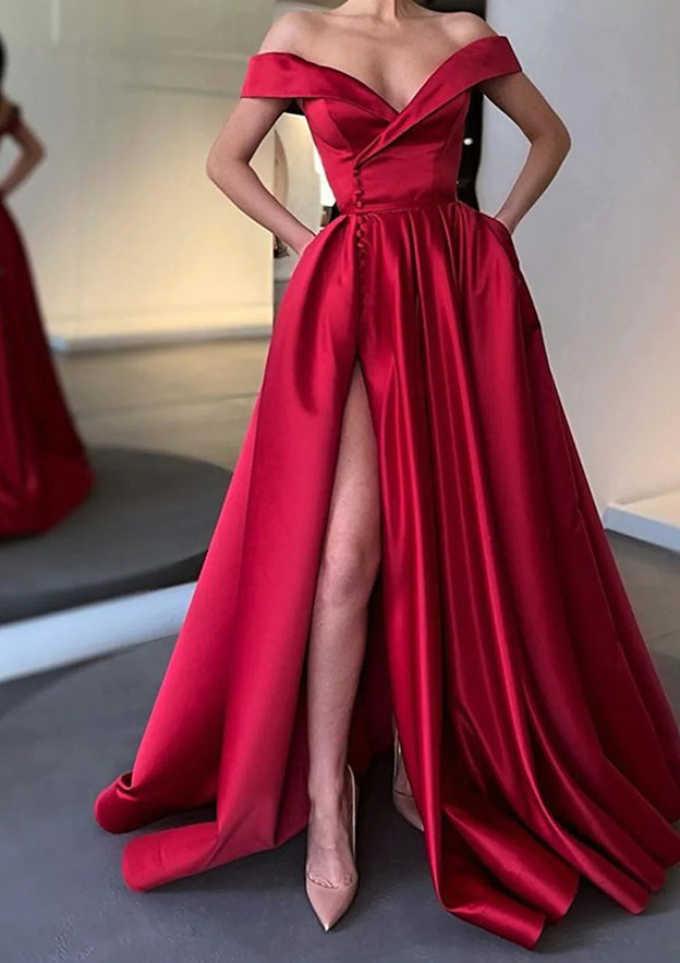 A-Line Off-the-Shoulder Satin Prom Dress/Evening Dress with Pleated Pockets and Split Train