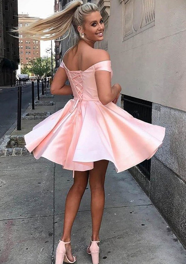 A-Line Off-the-Shoulder Satin Sleeveless Short Dress with Sashes