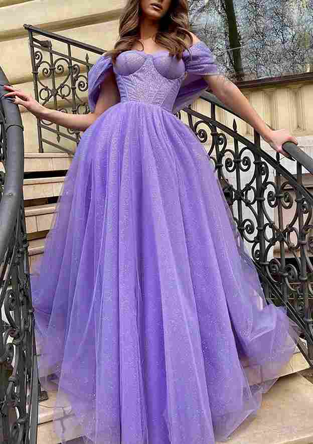 A-Line Off-the-Shoulder Sleeveless Court Train Glitter Tulle Prom Dress/Evening Dress With Split Pleated