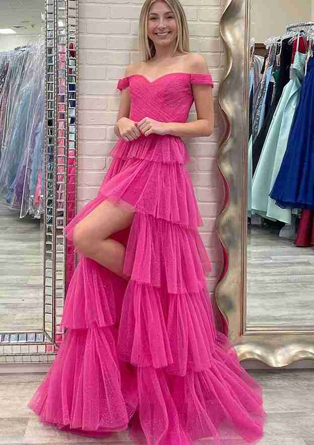 A-Line Off-the-Shoulder Sleeveless Long Tulle Prom Dress/Evening Dress With Beading Split Glitter