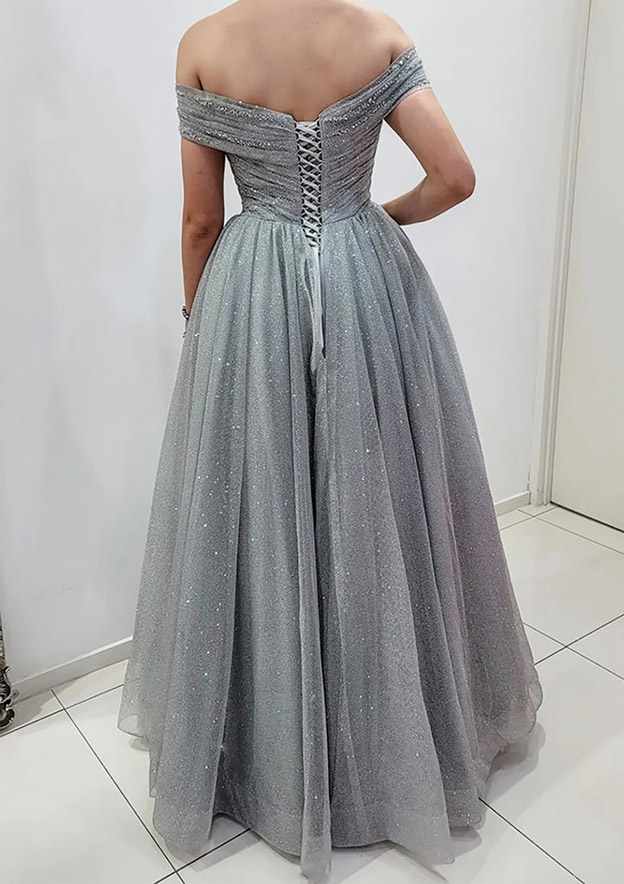 A-Line Off-the-Shoulder Sleeveless Long Tulle Prom Dress/Evening Dress with Glitter Pleats