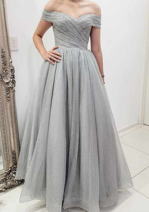 A-Line Off-the-Shoulder Sleeveless Long Tulle Prom Dress/Evening Dress with Glitter Pleats