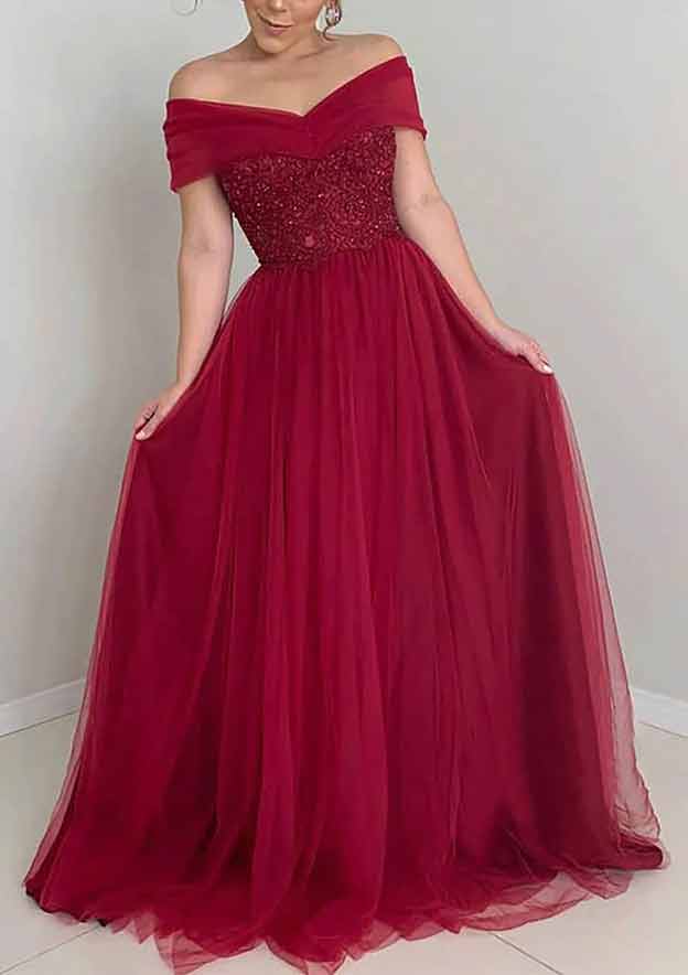 A-Line Off-the-Shoulder Sleeveless Long Tulle Prom Dress/Evening Dress With Sequins Appliqued