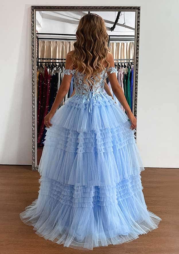 A-Line Off-the-Shoulder Sleeveless Tulle Prom Dress/Evening Dress with Appliqued Beading Ruffles and Sweep Train