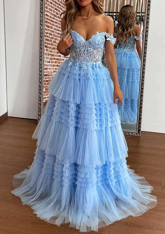 A-Line Off-the-Shoulder Sleeveless Tulle Prom Dress/Evening Dress with Appliqued Beading Ruffles and Sweep Train