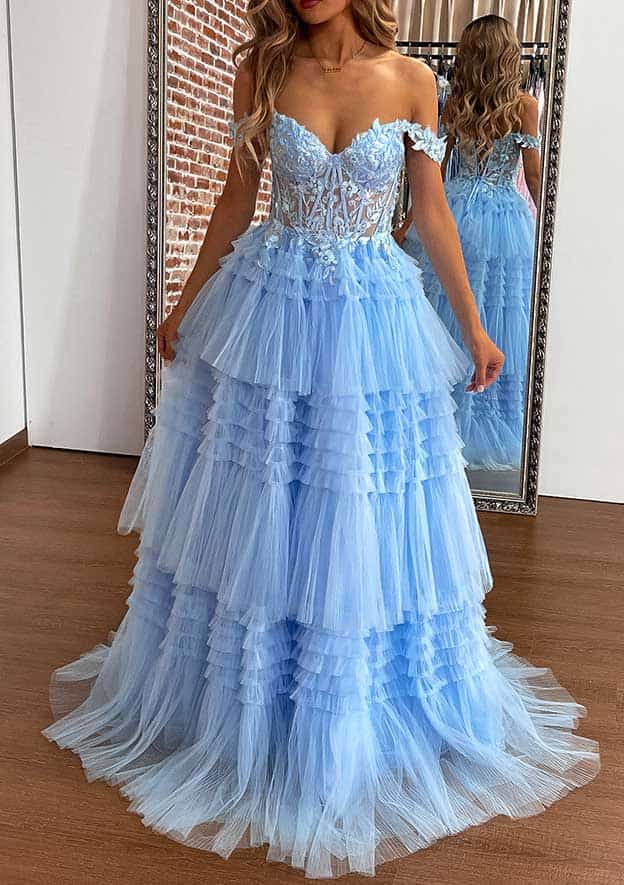 A-Line Off-the-Shoulder Sleeveless Tulle Prom Dress/Evening Dress with Appliqued Beading Ruffles and Sweep Train