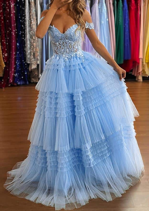 A-Line Off-the-Shoulder Sleeveless Tulle Prom Dress/Evening Dress with Appliqued Beading Ruffles and Sweep Train