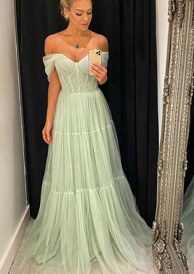 A-Line Off-the-Shoulder Sleeveless Tulle Prom Dress/Evening Dress with Pleated Sweep Train