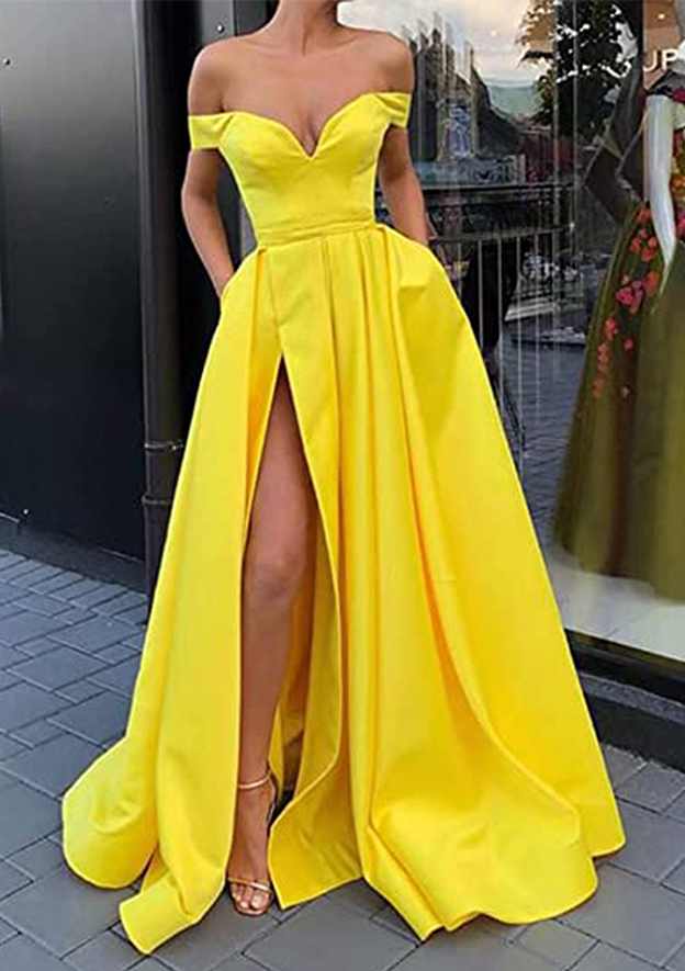 A-Line Off-the-Shoulder Strapless Long Satin Prom Dress/Evening Dress With Split