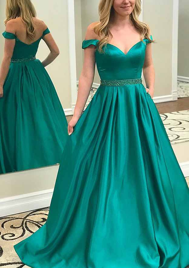 A-Line Off-the-Shoulder Straps Prom Dress/Evening Dress With Beading Pockets and Sweep Train