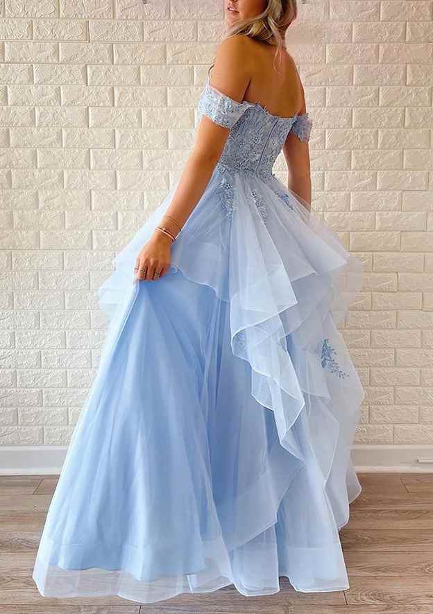 A-Line Off-the-Shoulder Tulle Prom Dress/Evening Dress With Appliqued Beading Ruffles and Sequins