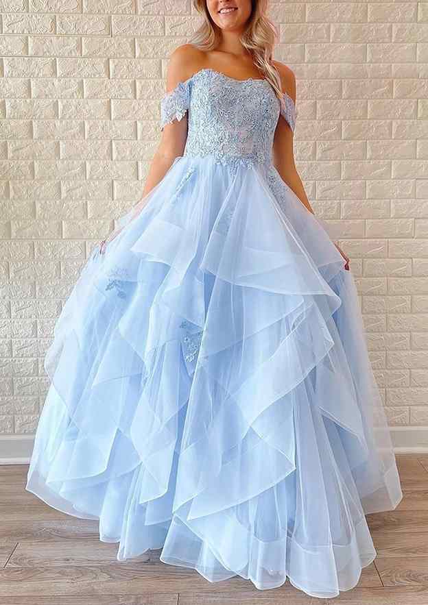 A-Line Off-the-Shoulder Tulle Prom Dress/Evening Dress With Appliqued Beading Ruffles and Sequins