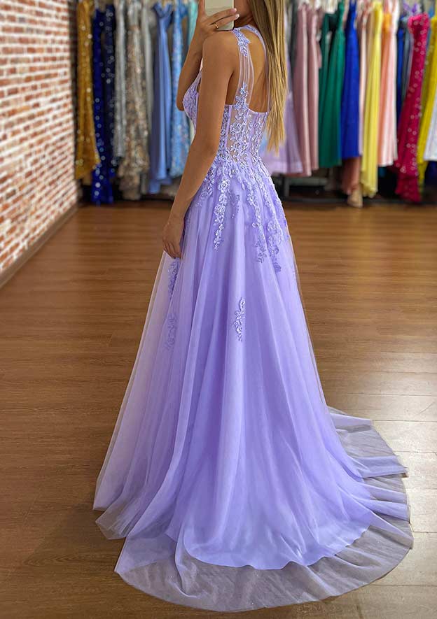 A-Line One-Shoulder Prom Dress/Evening Dress with Appliques and Sweep Train Tulle Skirt