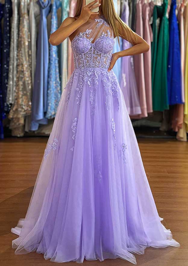 A-Line One-Shoulder Prom Dress/Evening Dress with Appliques and Sweep Train Tulle Skirt