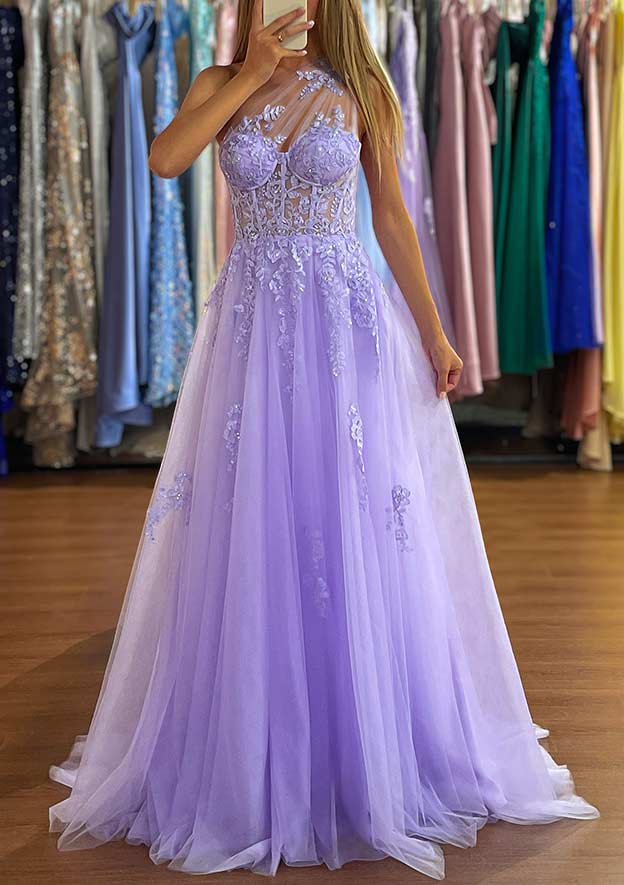 A-Line One-Shoulder Prom Dress/Evening Dress with Appliques and Sweep Train Tulle Skirt