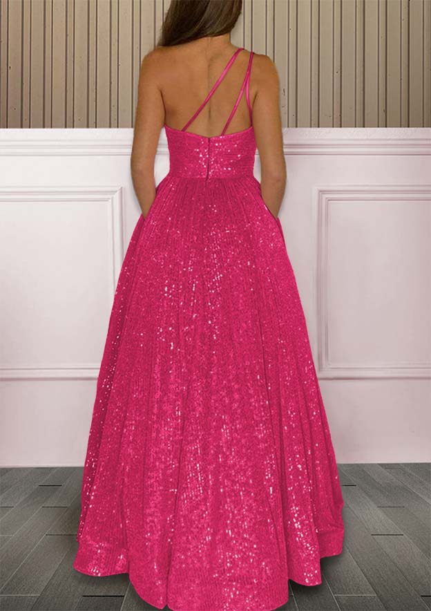 A-Line One-Shoulder Sequined Prom Dress/Evening Dress with Pockets and Sweep Train