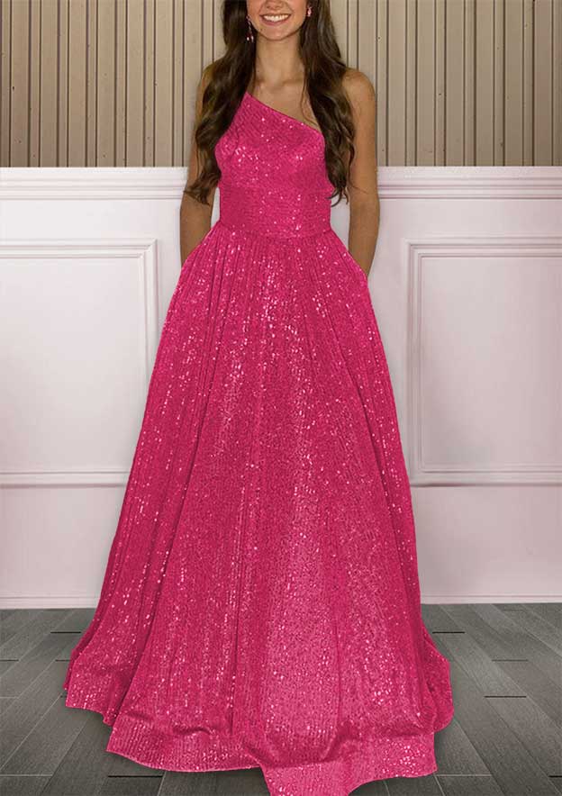 A-Line One-Shoulder Sequined Prom Dress/Evening Dress with Pockets and Sweep Train