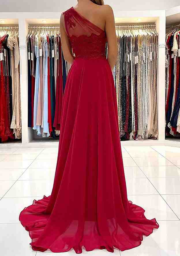 A-Line One-Shoulder Sleeveless Chiffon Sweep Train Prom Dress/Evening Dress With Appliqued Beading