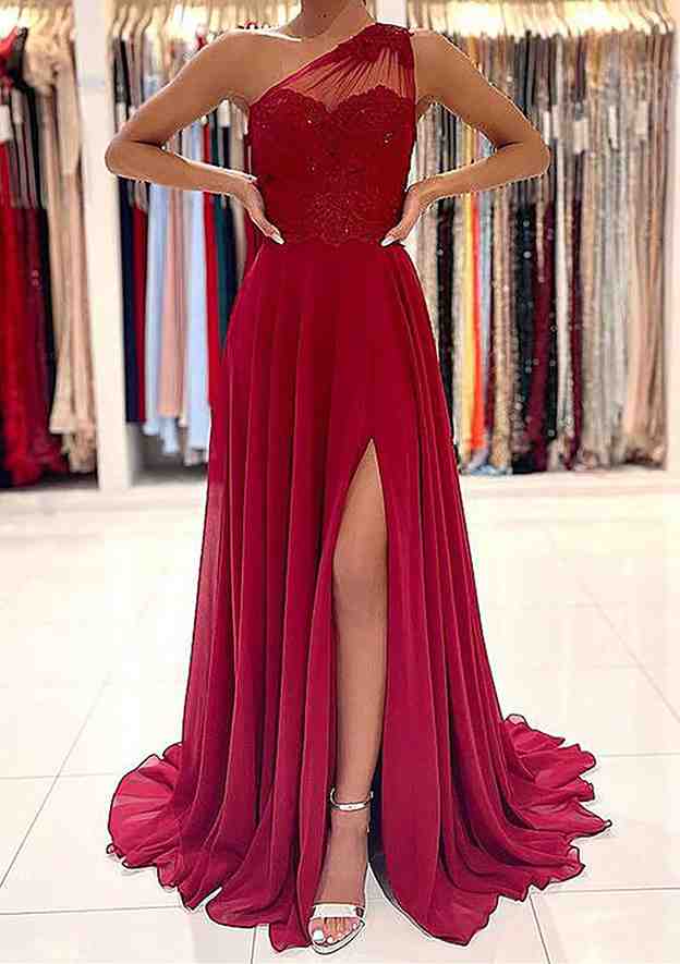 A-Line One-Shoulder Sleeveless Chiffon Sweep Train Prom Dress/Evening Dress With Appliqued Beading