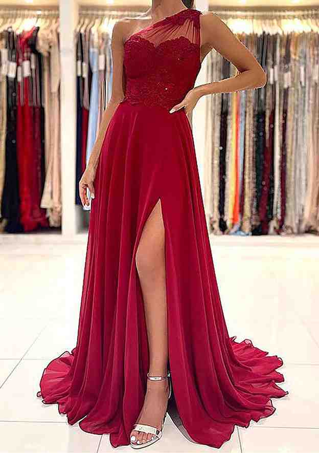 A-Line One-Shoulder Sleeveless Chiffon Sweep Train Prom Dress/Evening Dress With Appliqued Beading