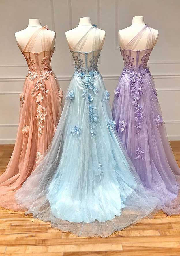 A-Line One-Shoulder Sleeveless Long/Floor-Length Tulle Prom Dress/Evening Dress with Appliqued Split