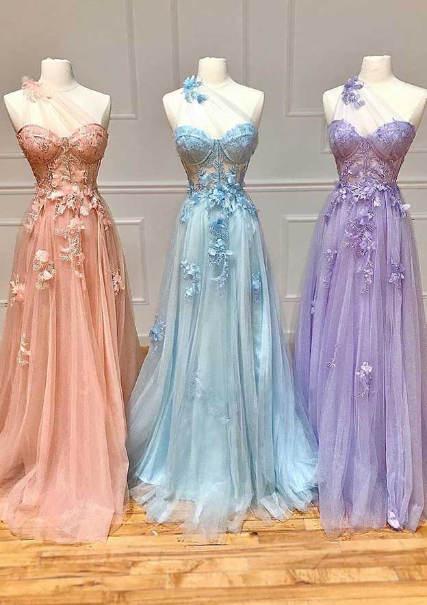 A-Line One-Shoulder Sleeveless Long/Floor-Length Tulle Prom Dress/Evening Dress with Appliqued Split