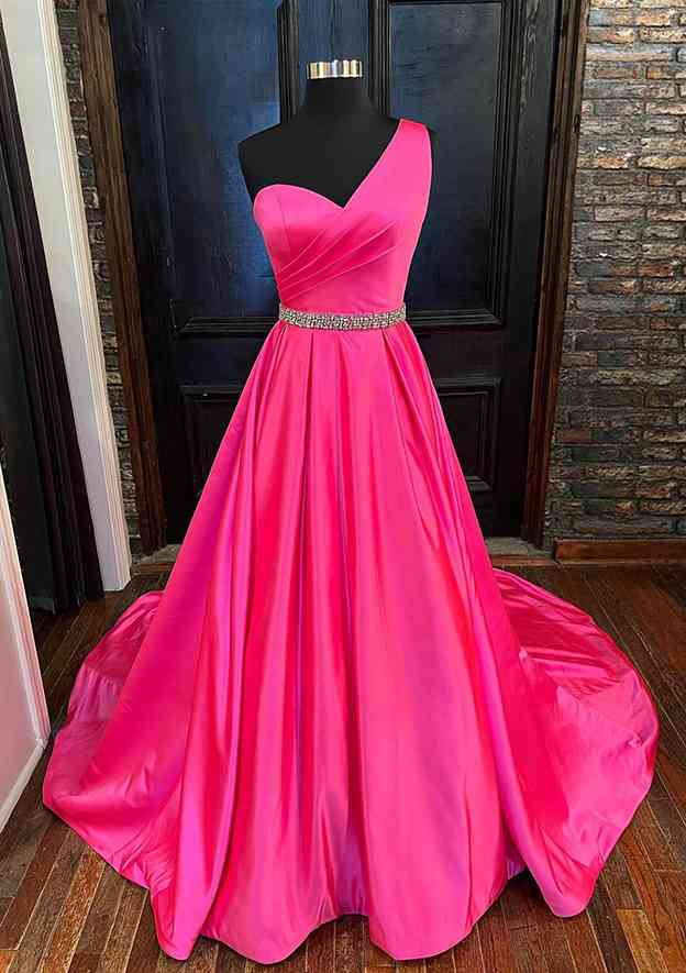 A-Line One-Shoulder Sleeveless Satin Long/Floor-Length Prom Dress/Evening Dress with Beading Pleated