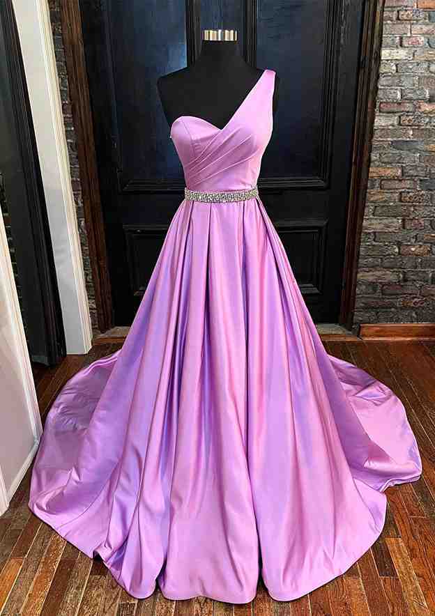 A-Line One-Shoulder Sleeveless Satin Long/Floor-Length Prom Dress/Evening Dress with Beading Pleated