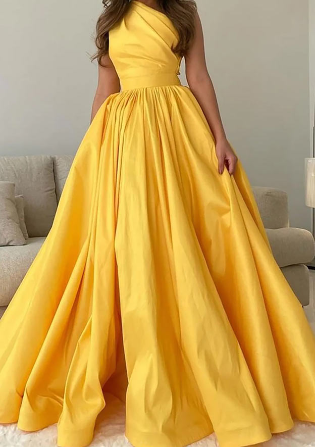 A-Line One-Shoulder Sleeveless Sweep Train Satin Prom Dress/Evening Dress with Pleated Detail