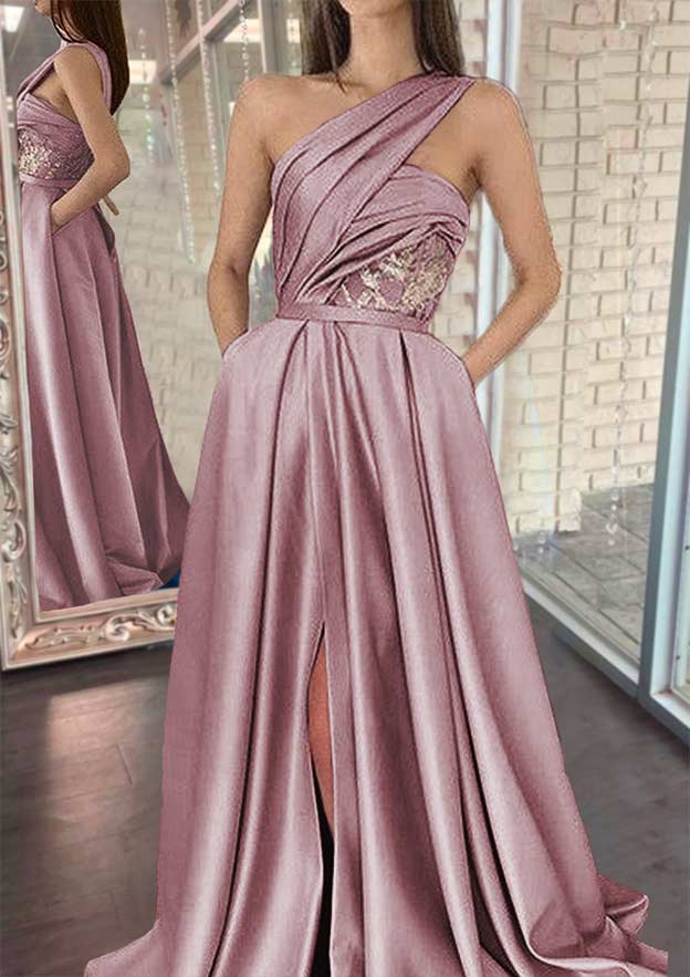 A-Line One-Shoulder Sleeveless Sweep Train Satin Prom Dress/Evening Dresses with Split Pleated