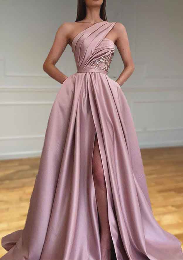 A-Line One-Shoulder Sleeveless Sweep Train Satin Prom Dress/Evening Dresses with Split Pleated