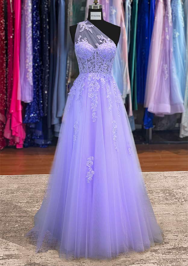 A-Line One-Shoulder Tulle Prom Dress/Evening Dress with Appliques and Beading