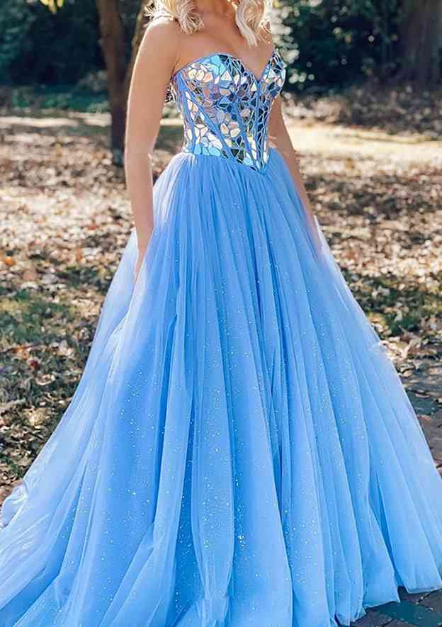 A-Line Princess Sweetheart Sleeveless Floor-Length Tulle Prom Dress/Evening Dress with Sequins Glitter