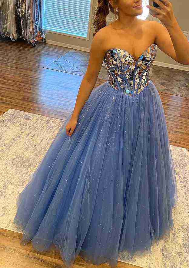 A-Line Princess Sweetheart Sleeveless Floor-Length Tulle Prom Dress/Evening Dress with Sequins Glitter