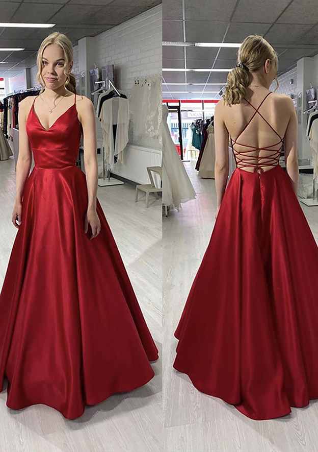 A-Line Princess V-Neck Sleeveless Satin Long Prom Dress/Evening Dress