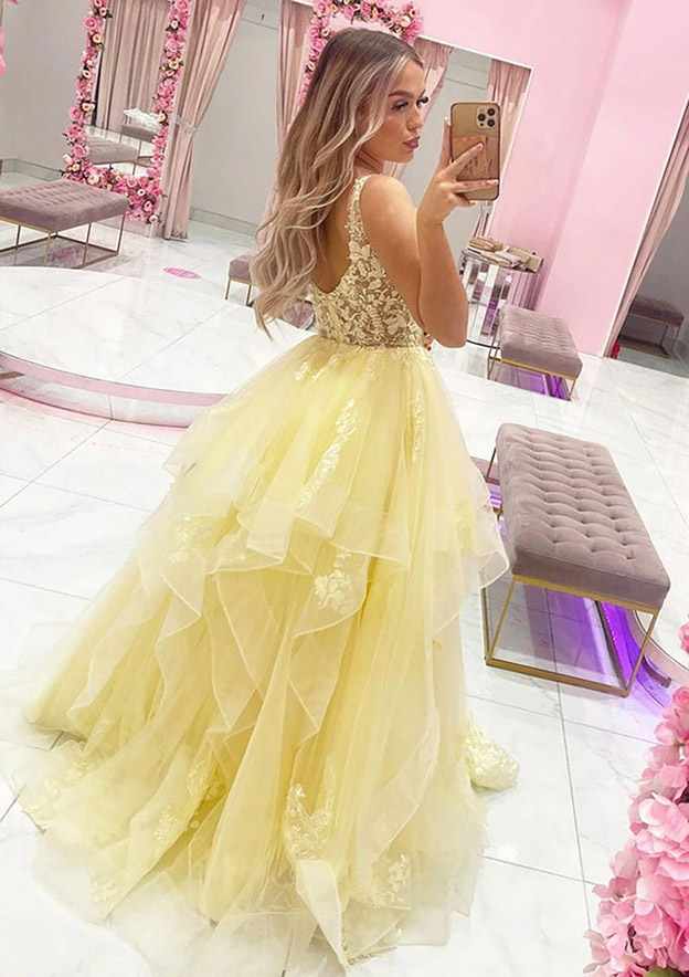 A-Line Princess V-Neck Sleeveless Tulle Long Prom Dress/Evening Dress With Laced