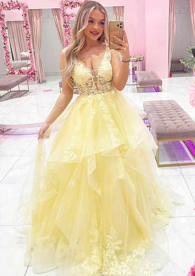 A-Line Princess V-Neck Sleeveless Tulle Long Prom Dress/Evening Dress With Laced