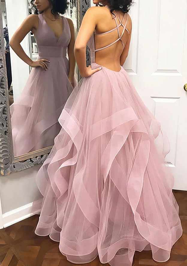 A-Line Princess V-Neck Sleeveless Tulle Long/Floor-Length Prom Dress/Evening Dress With Pleated Details