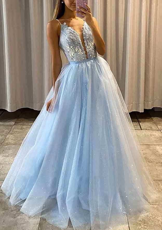 A-Line Princess V-Neck Spaghetti Straps Tulle Prom Dress/Evening Dress With Beaded Appliques