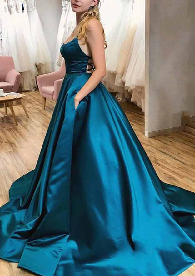 A-Line Satin Prom Dress/Evening Dress with Pleated Pockets and Spaghetti Straps - Ball Gown Square Neckline Sweep Train