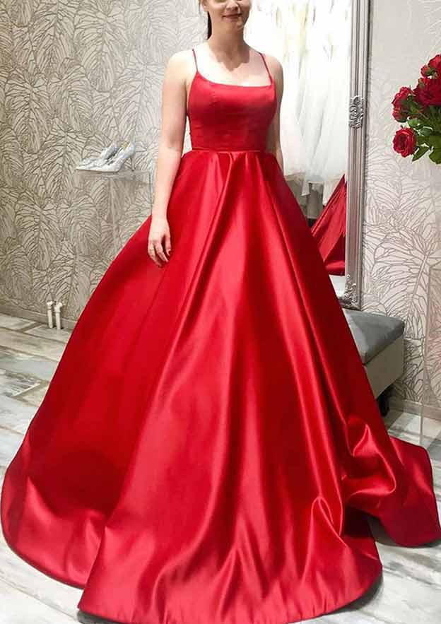 A-Line Satin Prom Dress/Evening Dress with Pleated Pockets and Spaghetti Straps - Ball Gown Square Neckline Sweep Train